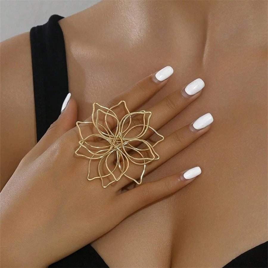 Gold Color Round Hollow Out Flower Ring